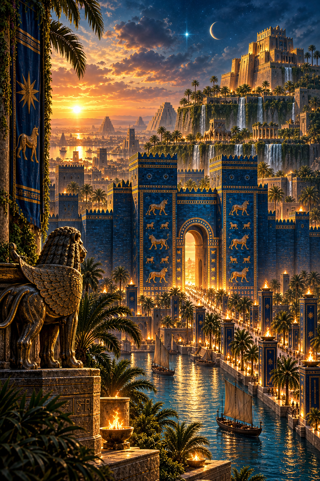Cinematic Babylon-inspired Book III cover with the blue Ishtar Gate and river city